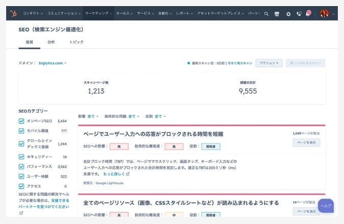 HubSpotのSEO推奨画面