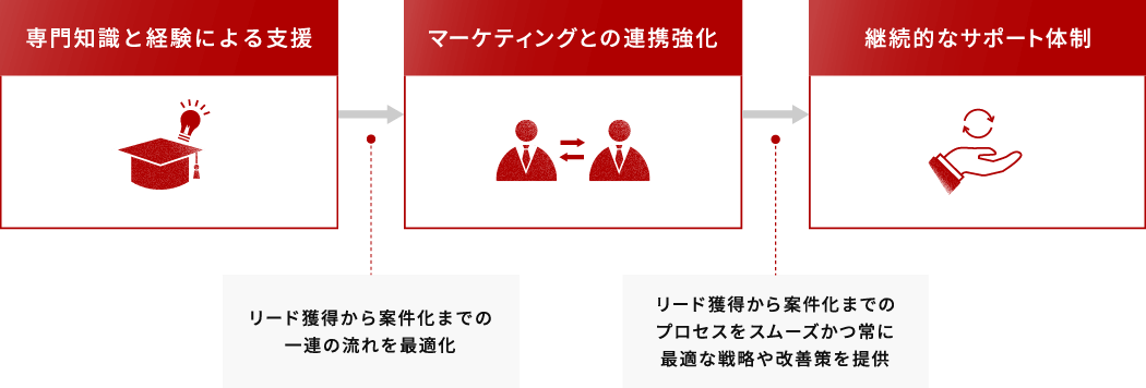 専門知識と経験による支援、マーケティングとの連携強化、継続的なサポートを行い、リード獲得から案件化までの一連の流れを最適化し、リード獲得から案件化までのプロセスをスムーズかつ常に最適な戦略や改善案を提供